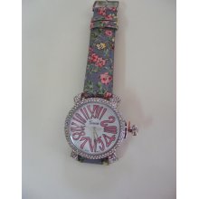 Geneva Bluish Grey Leather Background Pink & Yellow Flower Strap Quartz Watch