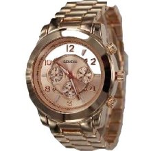 Geneva Boyfriend Style Rose Gold Plated Designer Chronograph Metal Band Watch - Rose Gold Plated - Rose Gold