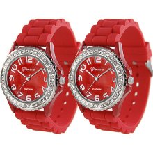 Geneva Platinum Women's Rhinestone-accented Silicone Watch (Set of 2) (Red)