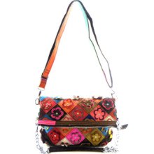 Genuine Leather Rhinestone Flower Medium Fold-over Crossbody Shoulder Bag Purse