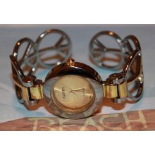 Gold and Silver Two Tone Peace Sign Cuff Bracelet Watch