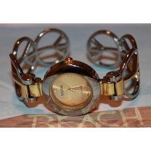 Gold and Silver Two Tone Peace Sign Cuff Bracelet Watch