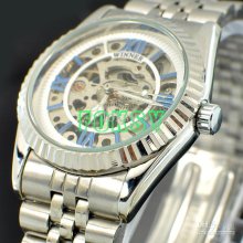 Gold Automatic Auto Mechanical Skeleton Silver Stainless Steel Men's