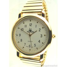 Gold Tone Mens Boys Unisex Easy Read Expansion Band Quartz Watch