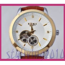 Golden Ring Brown Genuine Leather Tourbillon Men Lady Automatic Mechanical Watch