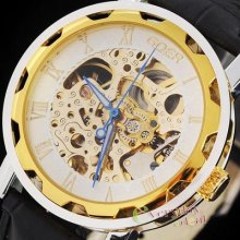 Golden Rome Skeleton Automatic Mechanical Mens Wrist Watch Blue Hands Light Goer