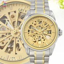 Golden Stunning Dial Hollow Gear Stainless Steel Gear Men Wrist Mechanical Watch