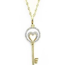 Great Gift 10k Yellow Gold 'key To My Heart Diamond Pendant W/heart Accent .10ct