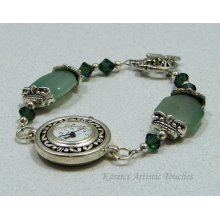 Green Aventurine Gemstone Swarovski Crystal Beaded Watch Bracelet
