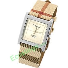 Grillwork Cloth Coated Leather Band Ladies Wrist Quartz Watch