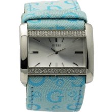 Guess 85485l2 Women's Blue Logo Cloth Band Swarovski Crystal Rectangle Watch