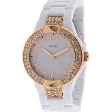 Guess Ladies U11661l1 Crystals Gold Tone White Band Watch In Stock