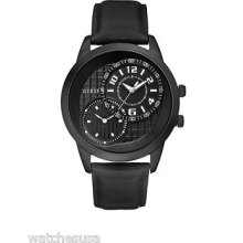 Guess Men's U11666g2 Black Leather Quartz Watch With Black Dial