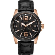 Guess Men's W12091g2 Black Leather Quartz Watch With Black Dial