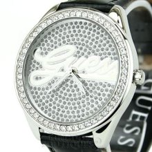 Guess Women's Watch Black Leather Crystals Swarovski Logo Wresist Montre