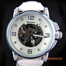 Hollow Skeleton Self-wind Mechanical Girls Women White Leather Wrist Watch