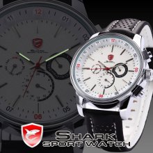 Hot Sale Swiss Shark Date Day Silver Case Leather Analog Quartz Sport Watch