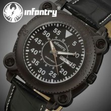 Infantry Fashion Military Black Dial Quartz Day Date Leather Mens Wrist Watch