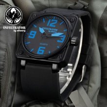 Infantry Infiltrator Square Blue Quartz Sport Black Rubber Mens Wrist Watch Gift