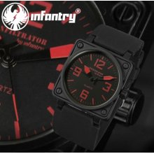 Infantry Infiltrator Square Red Mens Wrist Watch Black Rubber Russian Military