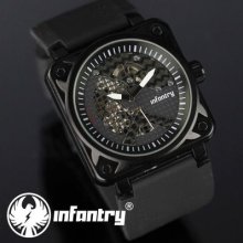 Infantry Mens Skeleton Semi Automatic Mechanical Wrist Watch Black Rubber Sport