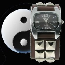 K2515 Men/women Punk/rock Watch Pyramid Stud 2 Colors Brown/pink Leather