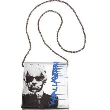 Karl Lagerfeld Handbag Chain Strap Satin Printed Silver Portret Bag Logo