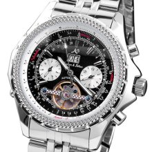 Ks Men Luxury Silver Steel Band Tourbillion Automatic Mechanical Army Watch