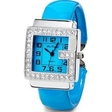 Ladies CZ Square Bezel Silver Tone Blue Bangle Watch ...