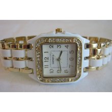 Ladies Geneva Watch - Square Goldtone And Gemstone Bezel, Two Tone Band