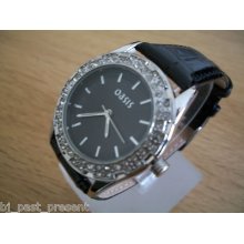 Ladies Oasis Watch Black Dial Diamante Stones Black Leather Strap B675