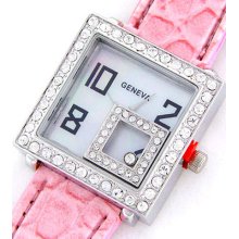 Ladies Simulated Diamond Pink Leather Square Watch
