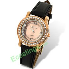 Leather Band Golden Dial Wonman's Rhinestone Watch
