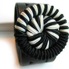 Leather Cuff Bracelet with Giant Vintage Black and White Knot Button, Eco-Friendly, Women, Recycled Belt, Unique, OOAK