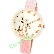 Leather Watchband Jewelry Cat Round Dial Girl Wrist Watch