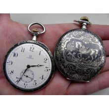 Lot 2 Pocket Watch Omega & Louis Audemars Hunter Tula Silver Case Porcelain Dl