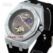 Luxury Men's Automatic Tourbillon Glass Back Watches Sports Rubber W