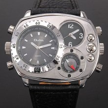 Marine Men's Militiry Quartz Watch Silver Case Genuine Leather Band Dual Dials