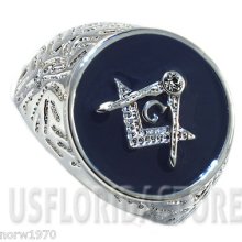 Masonic Mason Round Blue Crystal Stones Stainless Steel Ring
