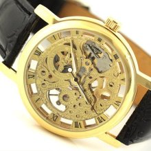 Mechanical Mens See Through Gold Tone Men's Watch Wristwatch
