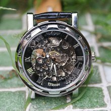 Mechanical Watch, Men's wristwatches, Steampunk black Partially Transparent Hollow Dial PU black Leather Band Hand-winding Mechanical Watch