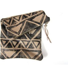 Medium black and tan hand-printed leather triangles fold-over clutch