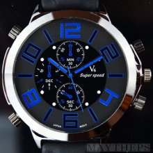 Men Army Polit Sport Casual Oversize Leather Quartz Wrist Watch Clock Blue White
