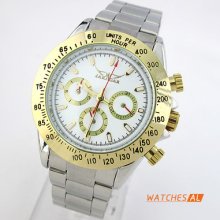 Men Luxury White Dial Golden Bezel S/steel Automatic Mechanical Wrist Watch
