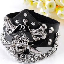 Men's Black Leather Pirate Captain Metal Chain Bracelet Punk Biker Rock Gothic