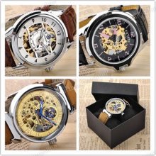 Mens Classic Skeleton Auto Mechanical Analog Pu Leather Wrist Watch See-through