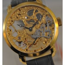 Mens Constantin Weisz Mechanical Goldtone Skeleton Grey Leather Watch