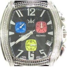 Mens Diamond Aqua Techno with Black Leather Watch Round Cut 1.55ct