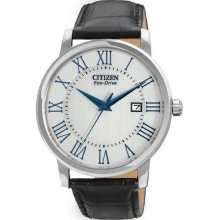 Men's Eco-Drive Stainless Steel Case Leather Bracelet Silver Dial Date Display