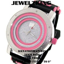 Men's Ice Nation/pave Master Iced Out Silver/pink Hip Hop Silicone Band Watch